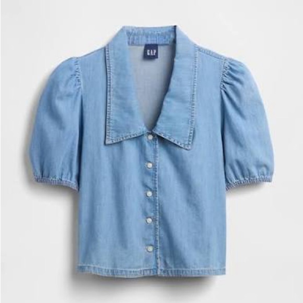 GAP Light Blue Denim Puff-Sleeve Button Front Top